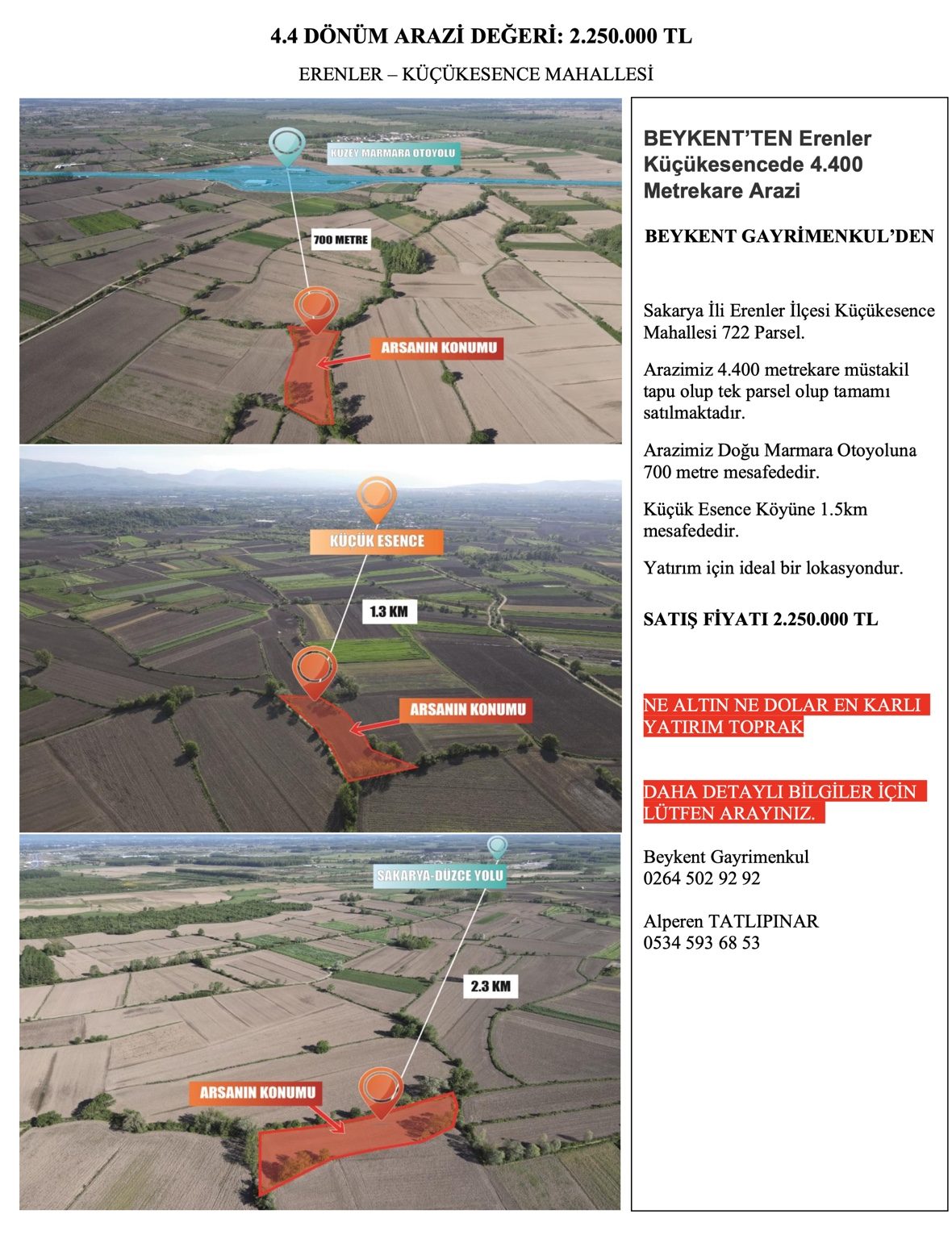 Erenler Küçükesence’de 4.400 m² Satılık Müstakil Tapulu Arazi