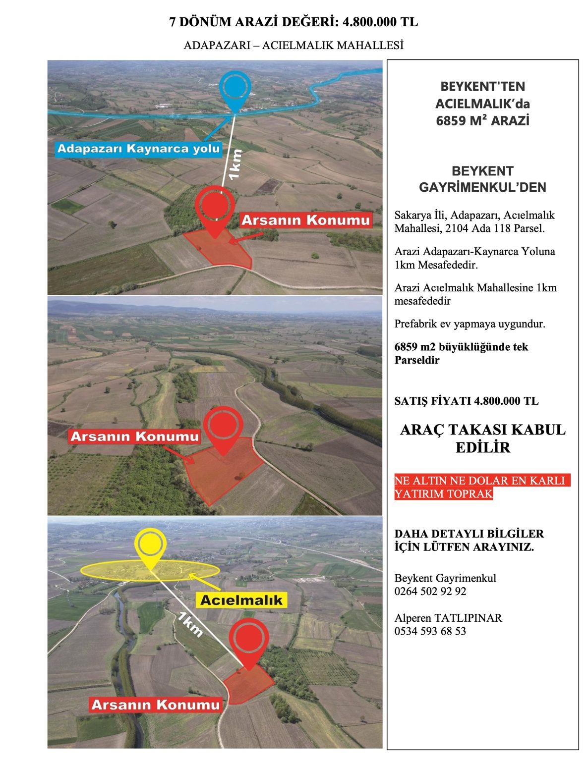 Adapazarı Acıelmalık’ta 6.859 m² Satılık Arazi