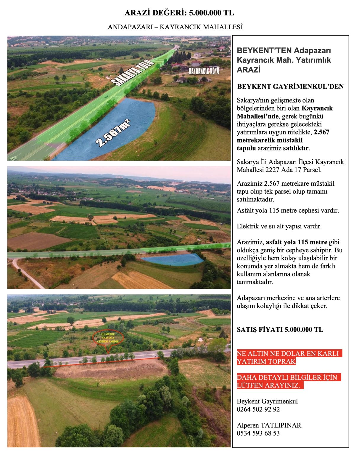 Adapazarı Kayrancık’ta 2.567 m² Satılık Yola Cepheli Arazi