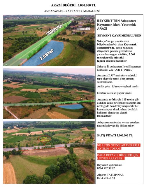 Adapazarı Kayrancık’ta 2.567 m² Satılık Yola Cepheli Arazi