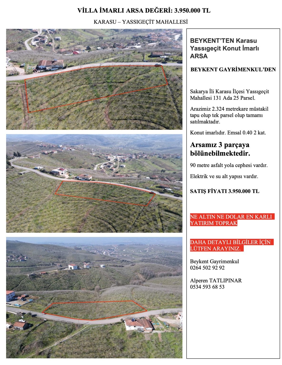 Karasu Yassıgeçit’te 2.324 m² Satılık Konut İmarlı Arsa